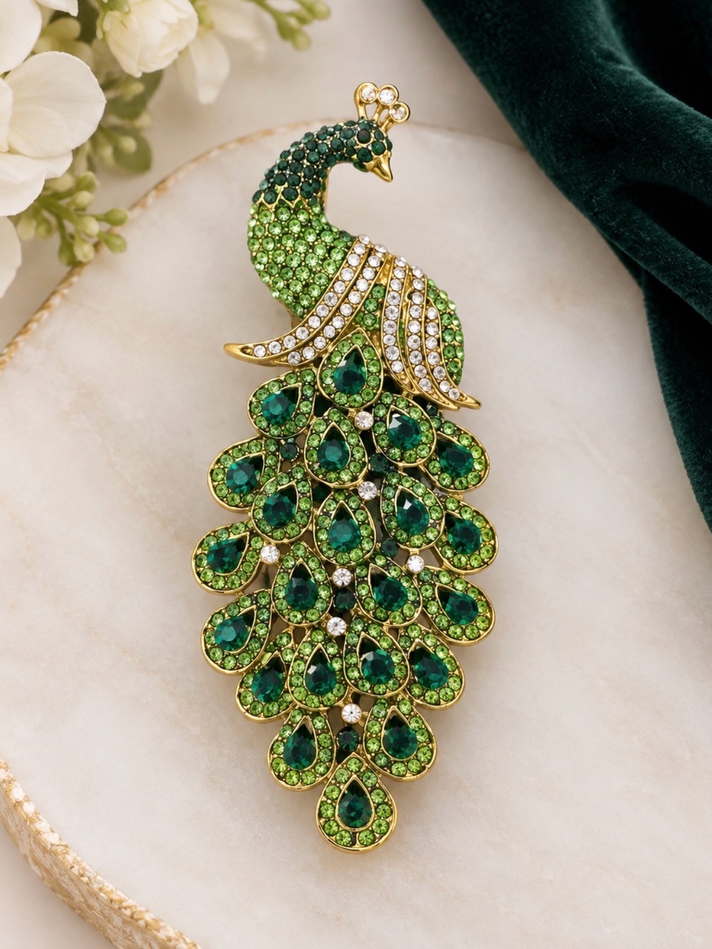 Green Peacock Crystal Brooch - Elegant Women Jewelry
